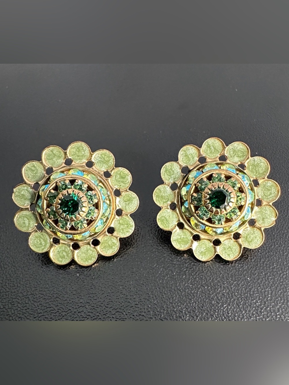 Liz Palacios Vintage Signed Green Enamel Clip On Earrings Swarovski Crystal
